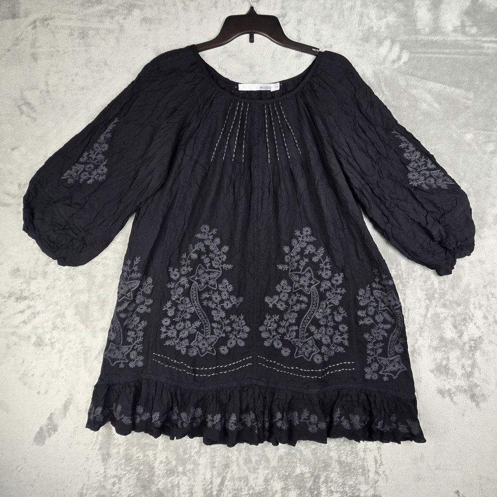 Miilla Clothing Embroidered Gauze Dress‎ Women's Large Black Boho Puff Sleeve